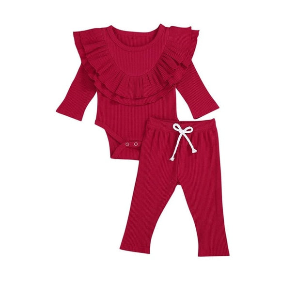 The Baby Concept Red Long Sleeve Ribbed Bodysuit and Elastic Pants Set for Girls