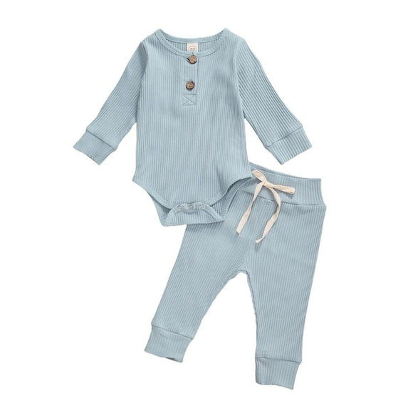 The Baby Concept Sky Blue Long Sleeve Ribbed Romper and Elastic Pants Set