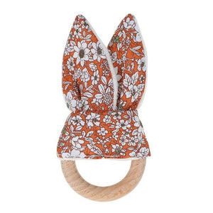The Baby Concept Orange Floral Bunny Ears Organic Wood Teether