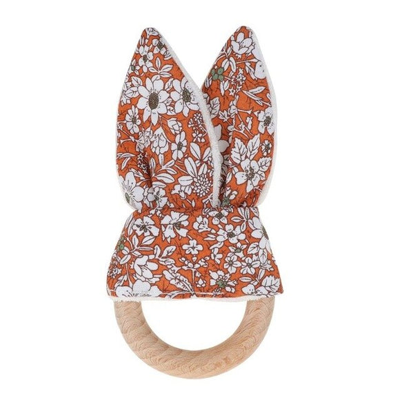 The Baby Concept Orange Floral Bunny Ears Organic Wood Teether