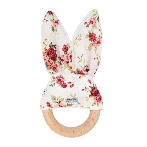 The Baby Concept White Floral Bunny Ears Organic Wood Teether